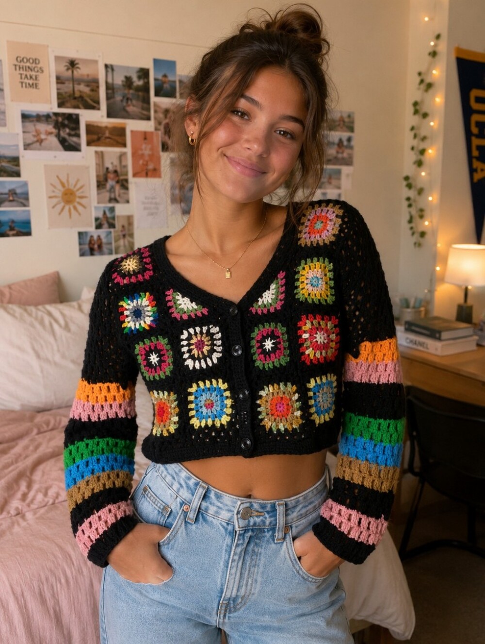 Crochet Cardigan Colorful Granny Square Button Front Long Sleeve